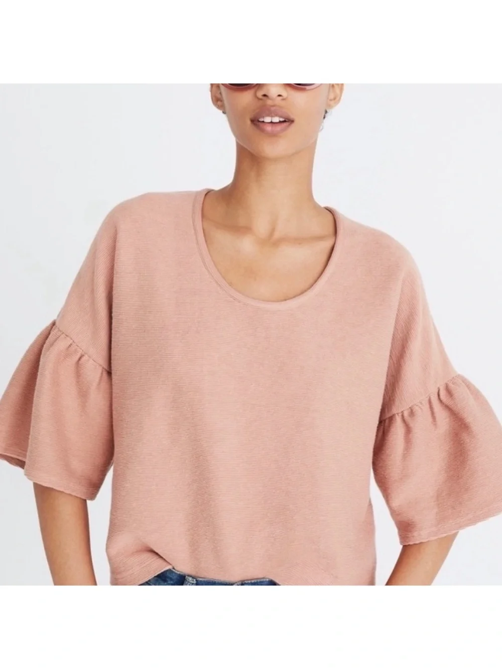 Madewell texture and thread gathered sleeve cropped top Dusty Pink XS ExtraSmall